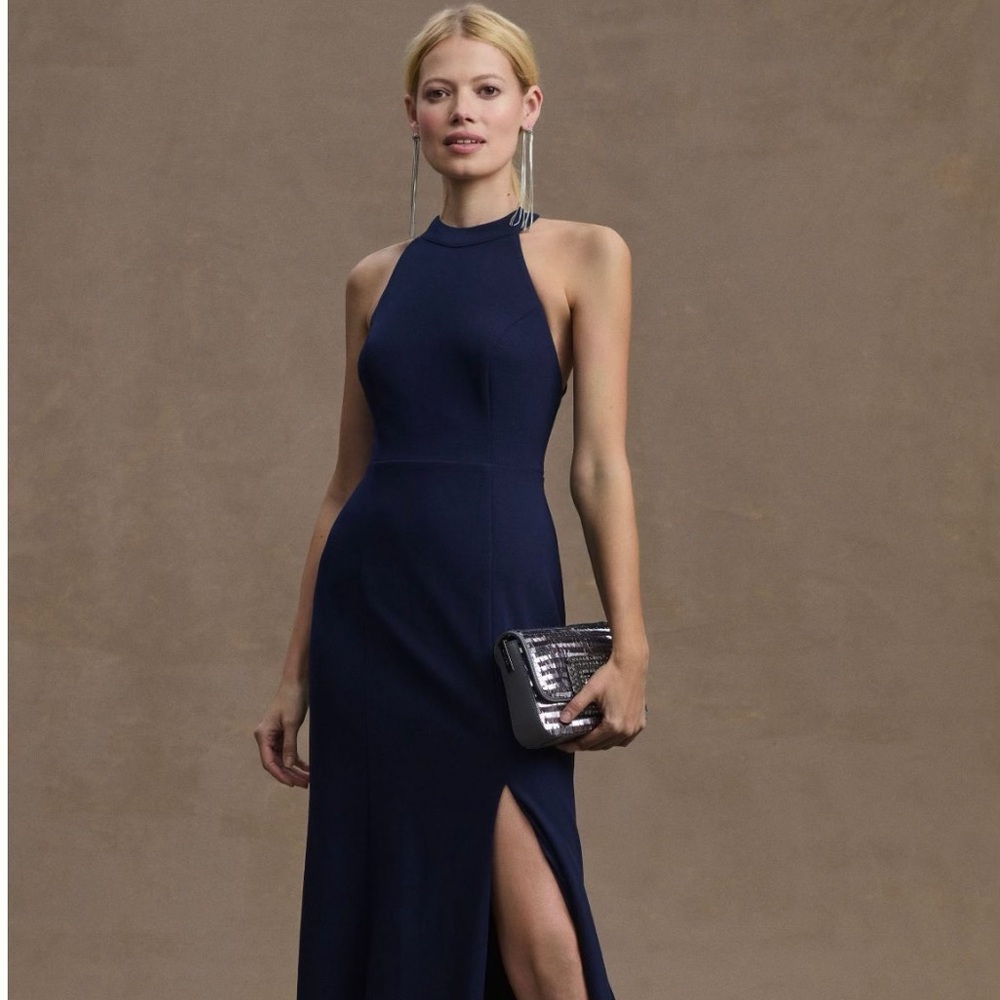 BHLDN Juliana High-Neck Side-Slit Stretch Crepe Maxi Dress